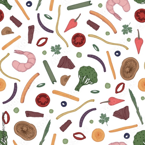 Colorful seamless pattern with sliced food. Backdrop with ingredients for Asian wok meals on black background. Elegant realistic vector illustration for textile print, wallpaper, wrapping paper.