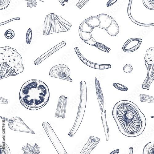 Monochrome seamless pattern with food pieces. Backdrop with vegetables and se...