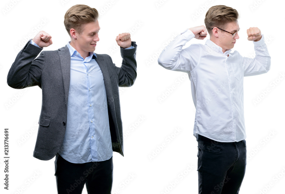 Young handsome blond business man wearing different outfits showing arms muscles smiling proud. Fitness concept. Young handsome blond business man wearing different outfits showing arms muscles smiling proud. Fitness concept.