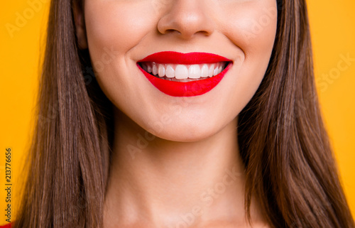 Crop close up portrait half face of woman with beaming smile while being at the dentist