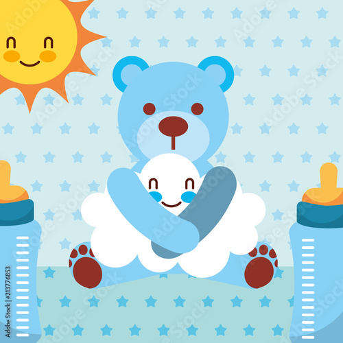 blue toy bear hugs cloud cartoon bottles dotted background © Gstudio