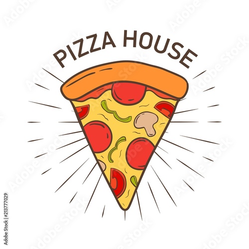 Colorful logotype with delicious pizza slice hand drawn in retro style. Tasty meal of Italian cuisine. Modern stylish vector illustration for logo of restaurant, cafe, food delivery service.