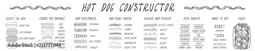 Hot Dog Ingredients Constructor. Sausage, Bun, Vegetables, Cheese, Salad Leaves, Sauce, Pepper. Fast Food Collection. Realistic Hand Drawn High Quality Vector Illustration. Doodle Style.