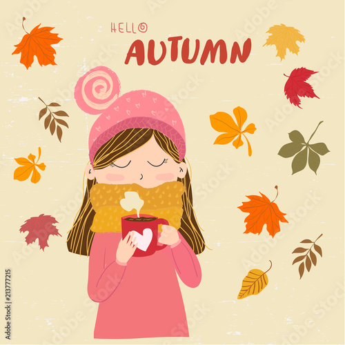 a cute girl in warm sweater with scarf holding coffee cup with hello autumn message. autumn card template.