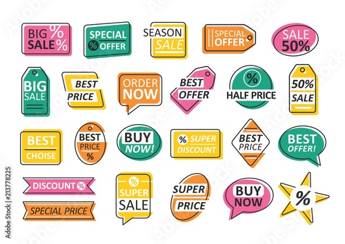 Bundle of labels isolated on white background. Set of colorful tags for shop or store sale and discount - best offer, price, choice. Creative colored vector illustration for promotion, advertisement.