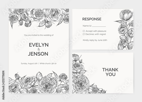 Set of elegant wedding invitation, response card and thank you note templates decorated by Austin rose flowers hand drawn with contour lines on white background. Romantic vector illustration.