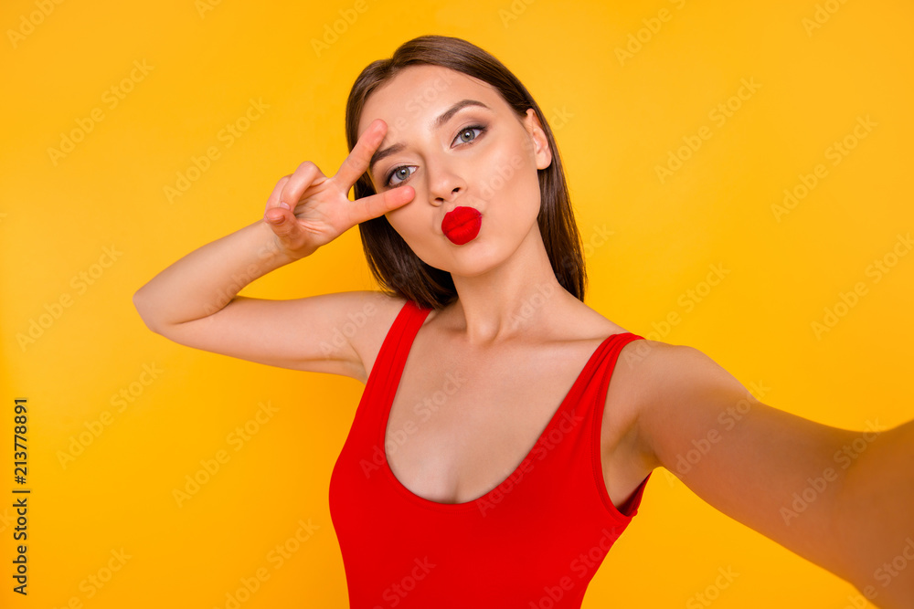 Internet connection trip tourism photographing concept. Close up photo portrait of pretty lovely cute charming gorgeous stunning lady making taking selfie isolated bright background Internet connection trip tourism photographing concept. Close up photo portrait of pretty lovely cute charming gorgeous stunning lady making taking selfie isolated bright background