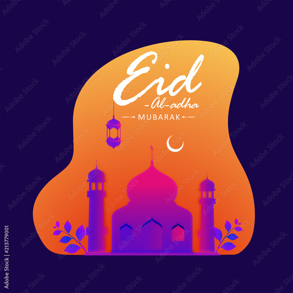 Muslim community festival Eid Al Adha Mubarak greeting card design with illustration of mosque, crescent moon and lantern on blue background. Muslim community festival Eid Al Adha Mubarak greeting card design with illustration of mosque, crescent moon and lantern on blue background.