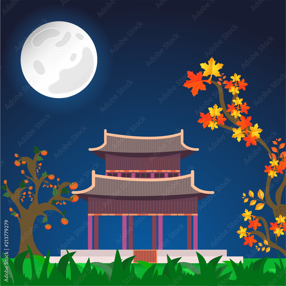 Fototapeta Full moon night view background with Sojiji Temple (Nishiarai Daishi), persimmon tree and autumn branch.