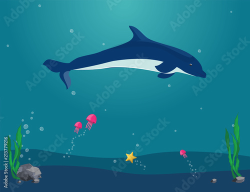 Underwater vector landscape. Dolphin swim under water with jellyfish  starfish.Used for children illustration. Sea flora and founa. Ocean life.