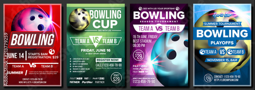 Bowling Poster Set Vector. Design For Sport Pub, Cafe, Bar Promotion. Bowling Club Ball. Modern Tournament. Sport Event Announcement. Banner Advertising. Championship Layout Template Illustration
