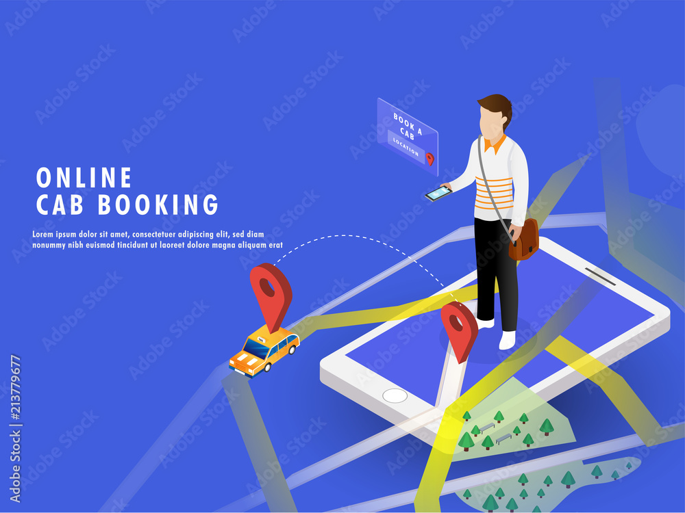 Isometric illustration of a man booking a cab through smartphone with map navigation. Online Cab Booking web template or landing page design. Isometric illustration of a man booking a cab through smartphone with map navigation. Online Cab Booking web template or landing page design.