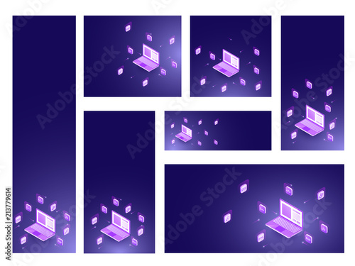 Collection of social media banner or template with programming language for web development concept.