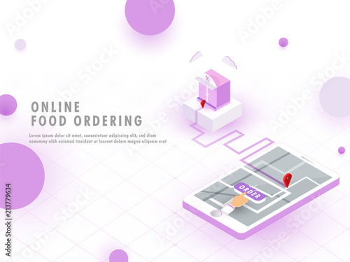 Online food ordering concept, food mobile application in smartphone, online restaurant delivery the order with help of map navigation to the destination point.