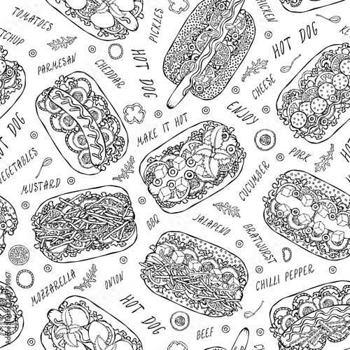 Hot Dog and Lettering Seamless Endless Pattern. Many Ingredients. Restaurant or Cafe Menu Background. Street Fast Food Collection. Realistic Hand Drawn High Quality Vector Illustration. Doodle Style.