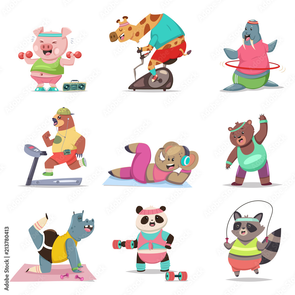 Vektorová grafika „Funny animals doing exercise. Fitness and healthy