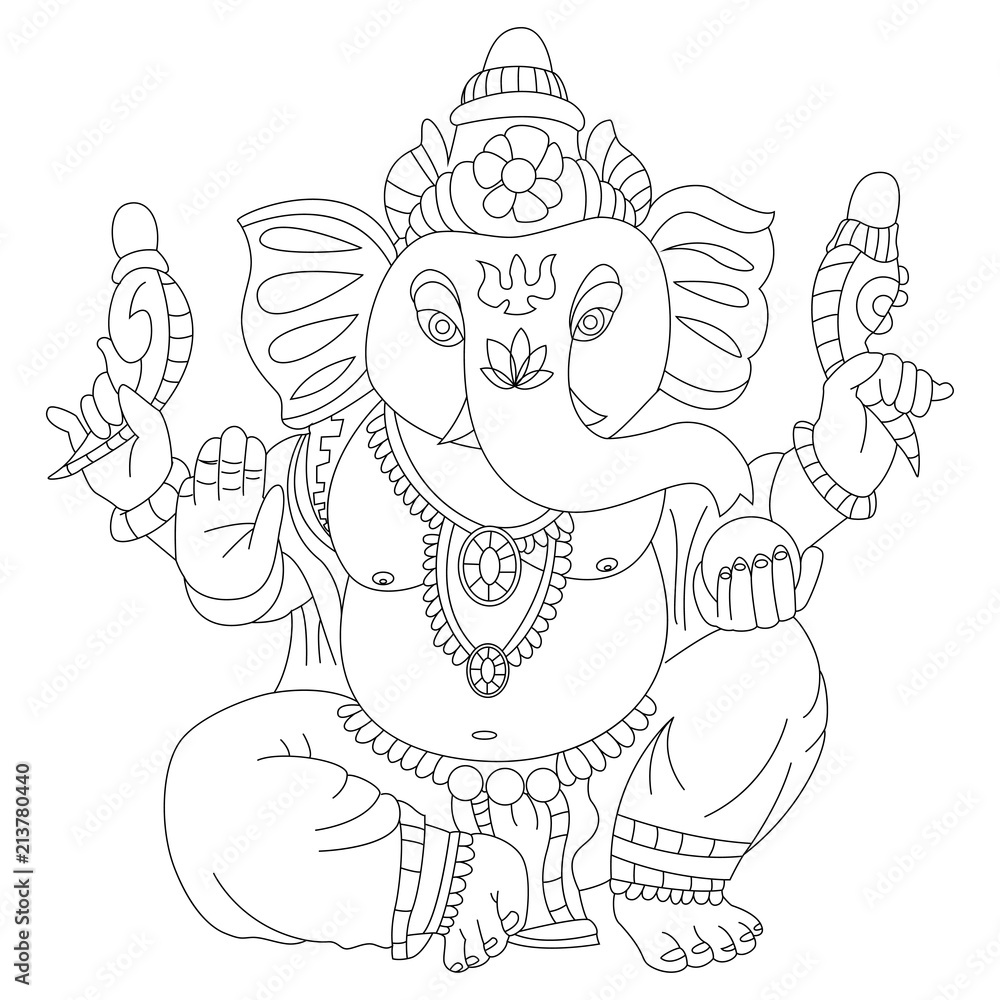 Coloring Book Page Of Lord Ganesha Vector Cartoon Illustration Hindu