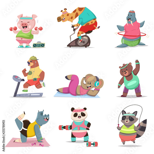 Funny animals doing exercise. Fitness and healthy lifestyle. Cute cartoon character vector set isolated on a white background.