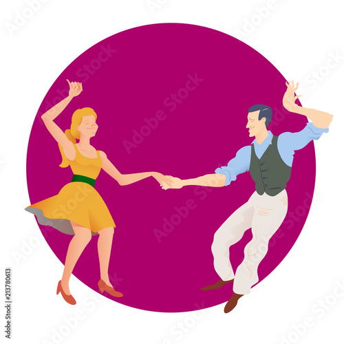 Dancers of Lindy hop. The man and the woman isolated on purple circular background. Poster for studio of dances. Flyer or element of advertizing. Flat vector illustration of social dance.