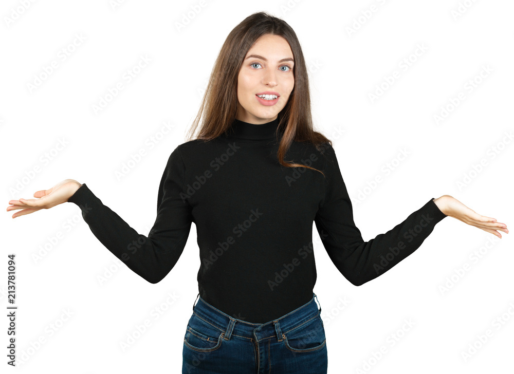 Young female gesturing do not know sign Young female gesturing do not know sign
