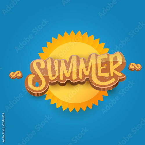vector cartoon summer label paper art syle on blue sky background with orange sun. Summer beach party poster design template.