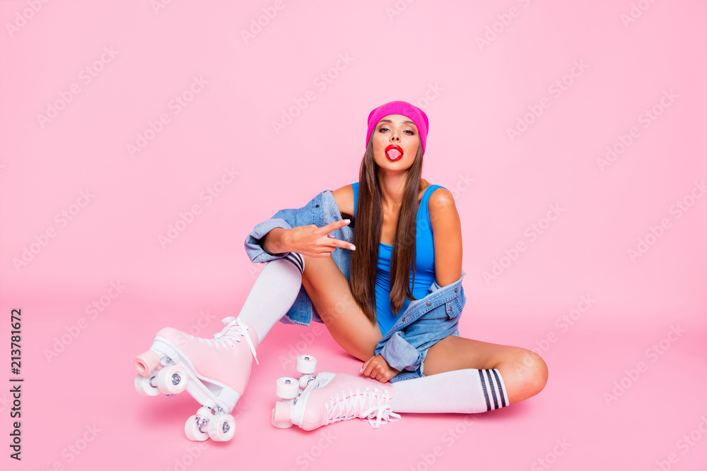 Youngster culture people person luxury color concept. Full length size studio photo portrait of beautiful attractive pretty fashionable girlish lady making v-sign isolated pastel bright background - obrazy, fototapety, plakaty 