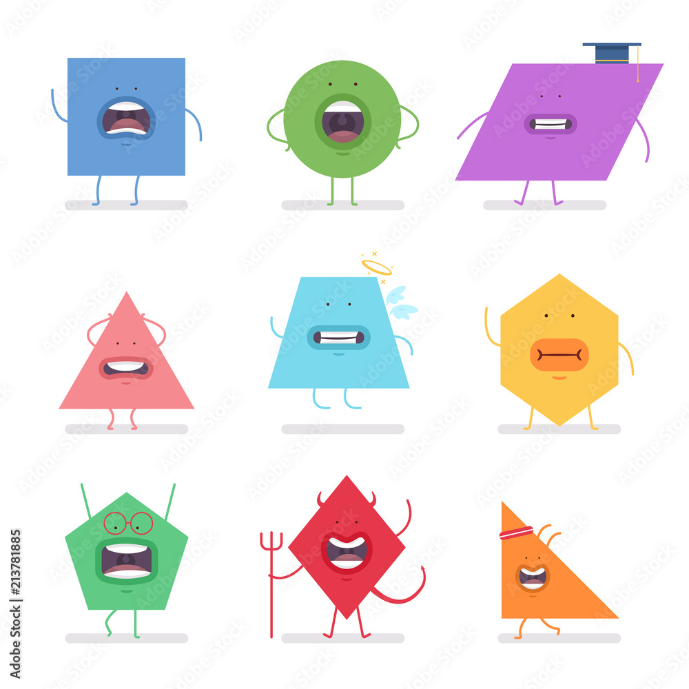 Funny geometric shapes with different emotions. Vector cartoon flat