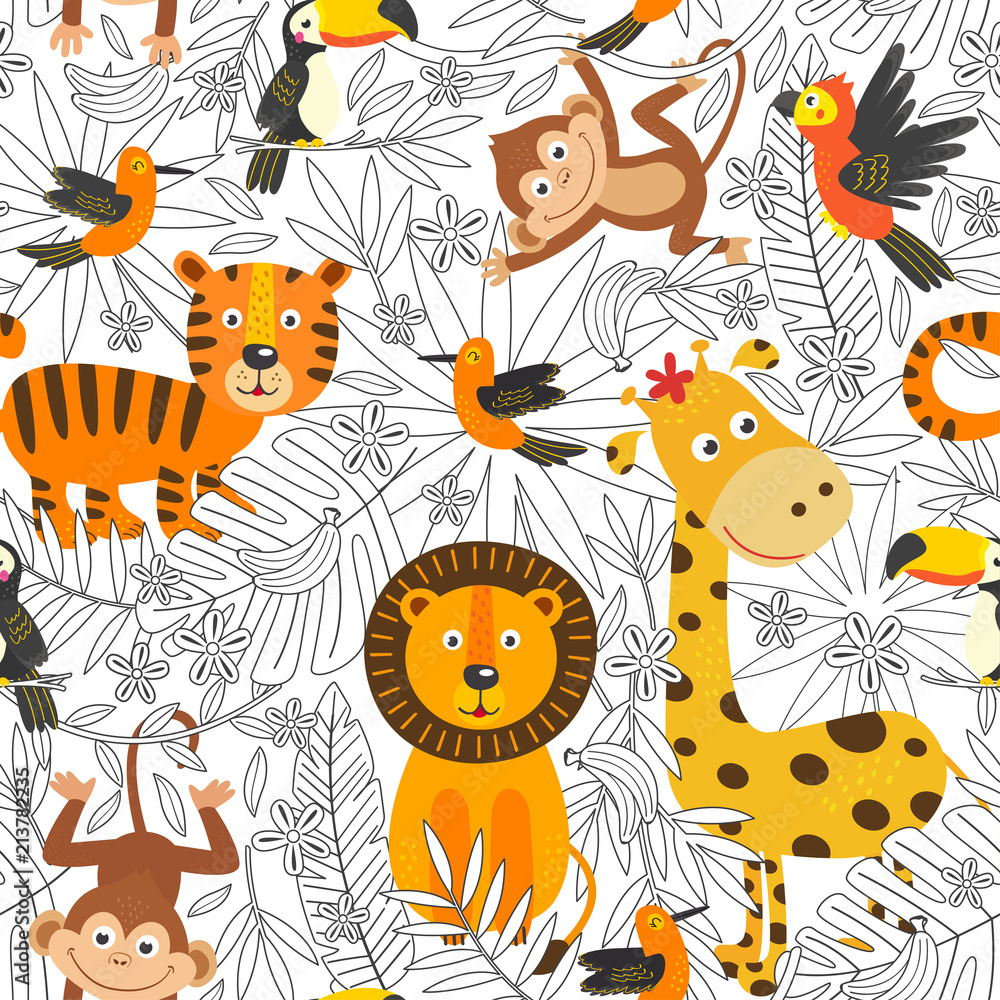 seamless pattern with coloring  tropical animals  -  vector illustration, eps
