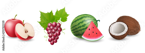 Fruit collection, containing apple, grapes, watermelon and coconut. Realistic vector illustration, isolated on white, with slice and whole. For summer, or autumn design, healthy food and nature design