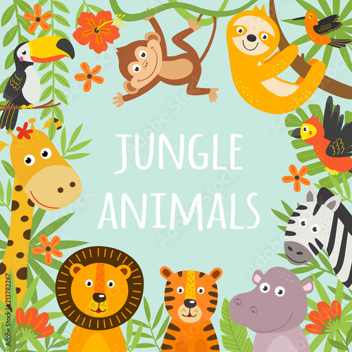 frame with tropical animals and plants -  vector illustration, eps
