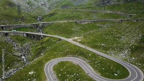 Aerial view of mountain road. Transfagarasan road in Fagaras Mountains in a summer day