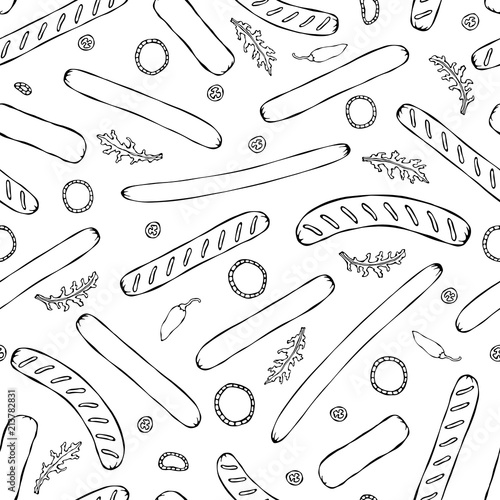 Seamless Endless Background Pattern of Different Sausages, Onion Rings, Rocket Leaves Herb, Pepper. Food Collection. Realistic Hand Drawn High Quality Vector Illustration. Doodle Style.