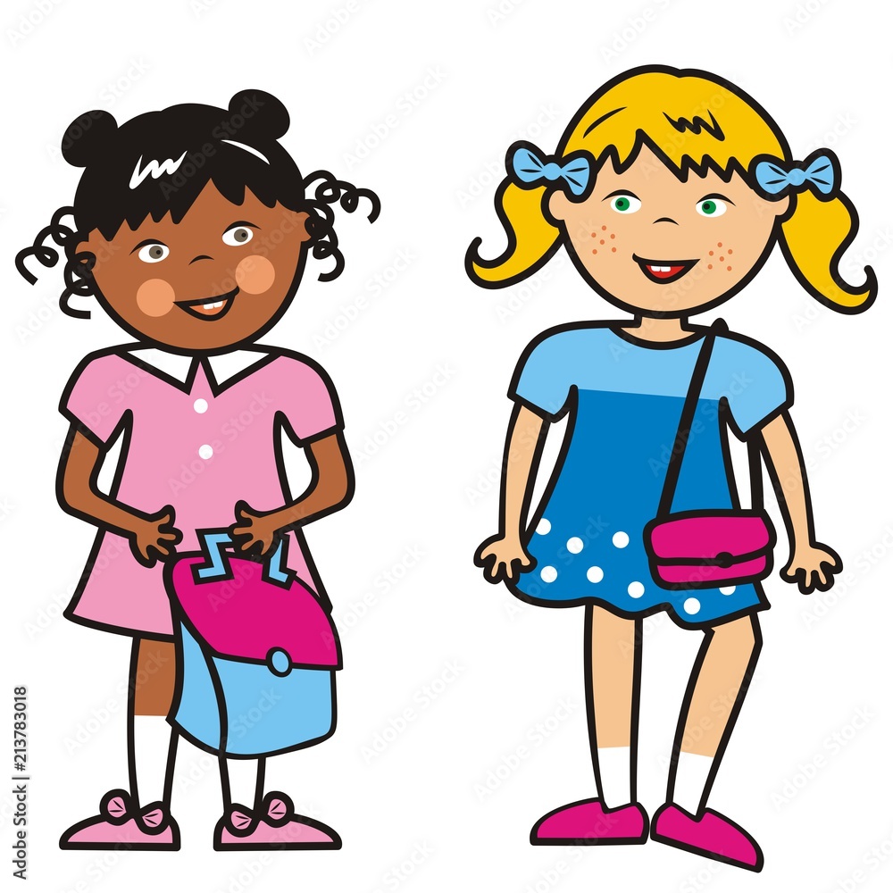 Two girls and bag, funny vector illustration Two girls and bag, funny vector illustration
