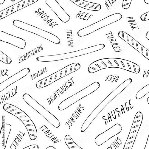 Seamless Endless Background Pattern of Different Sausages and Lettering. Food Collection. Realistic Hand Drawn High Quality Vector Illustration. Doodle Style.
