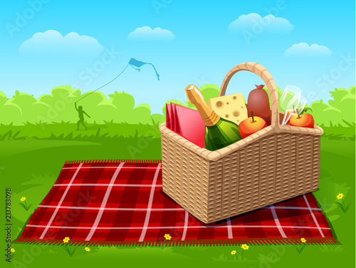 Picnic food basket in filed natural