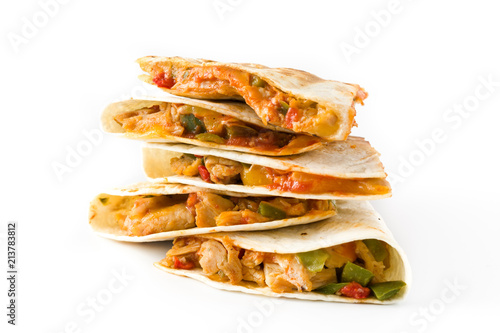 Mexican quesadilla with chicken, cheese and peppers, isolated on white background photo