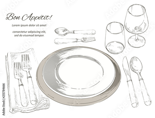 Vector cutlery set: forks, knive, spoons, empty plate