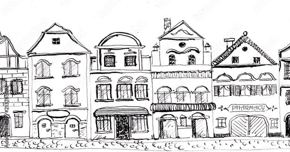 Old Street Walking. Moving Background With Hand-Drawn Old Tenement Houses. Old Street Walking. Moving Background With Hand-Drawn Old Tenement Houses.