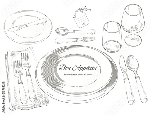 Vector cutlery set: forks, knive, spoons, empty plate