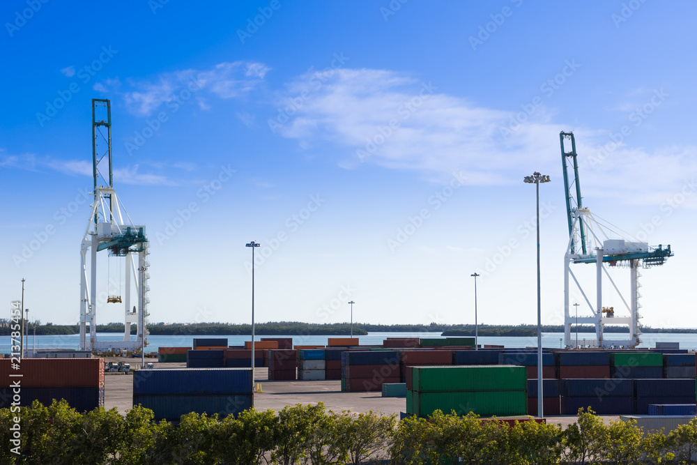 Industrial port in Miami, shipyard, cargo cranes and containers Industrial port in Miami, shipyard, cargo cranes and containers
