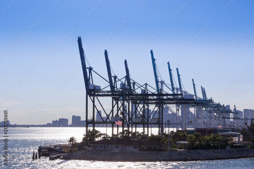 Industrial port in Miami, shipyard, cargo cranes  and containers