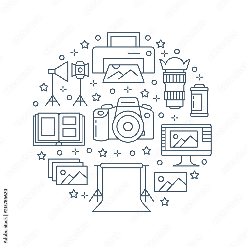 Photography equipment poster with flat line icons. Digital camera, photos, lighting, video cameras, photo accessories memory card, tripod. Vector circle illustration, concept for photostudio brochure.