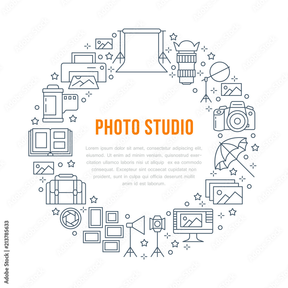 Photography equipment poster with flat line icons. Digital camera, photos, lighting video cameras, photo accessories memory card, tripod. Vector circle illustration, concept for photostudio brochure. Photography equipment poster with flat line icons. Digital camera, photos, lighting video cameras, photo accessories memory card, tripod. Vector circle illustration, concept for photostudio brochure.