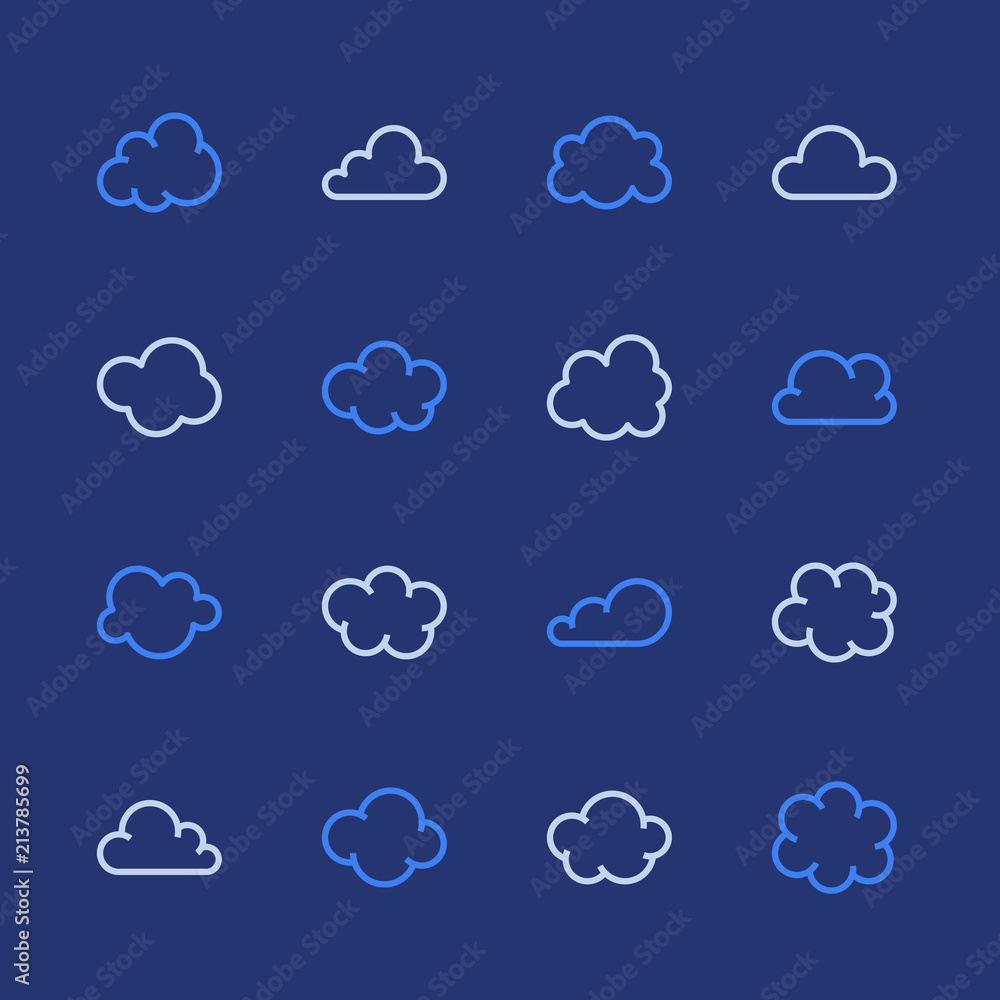 Cloud flat line icons. Clouds symbols for data storage, weather forecast. Thin signs for hosting. Pixel perfect 48x48. Editable Strokes. Cloud flat line icons. Clouds symbols for data storage, weather forecast. Thin signs for hosting. Pixel perfect 48x48. Editable Strokes.