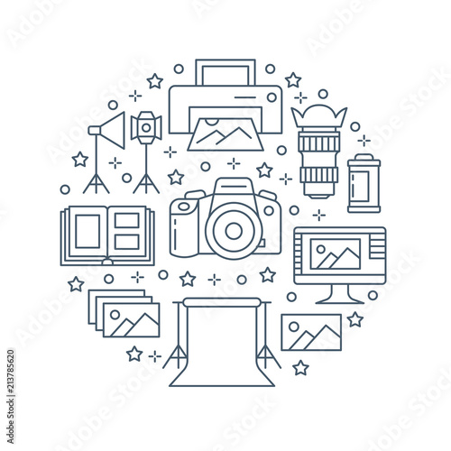 Photography equipment poster with flat line icons. Digital camera, photos, lighting, video cameras, photo accessories memory card, tripod. Vector circle illustration, concept for photostudio brochure.