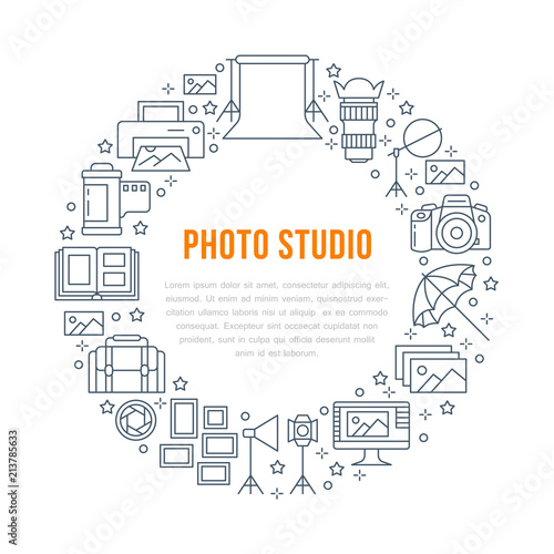 Photography equipment poster with flat line icons. Digital camera, photos, lighting video cameras, photo accessories memory card, tripod. Vector circle illustration, concept for photostudio brochure.