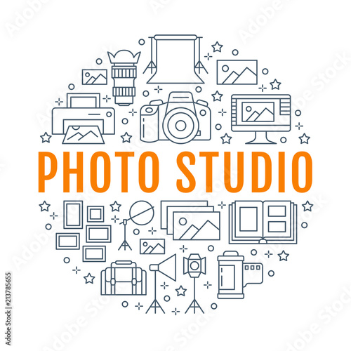 Photography equipment poster with flat line icons. Digital camera, photos, lighting video cameras, photo accessories memory card, tripod. Vector circle illustration, concept photostudio brochure.