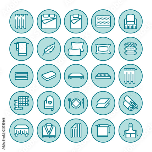 Bedding flat line icons. Orthopedics mattresses, bedroom linen, pillows, sheets set, blanket and duvet illustrations. Thin signs for interior store.