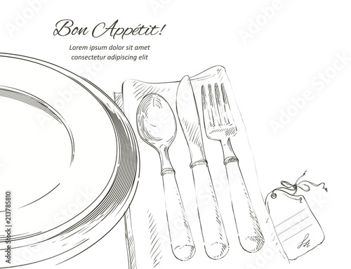 Vector cutlery set: forks, knive, spoons, empty plate