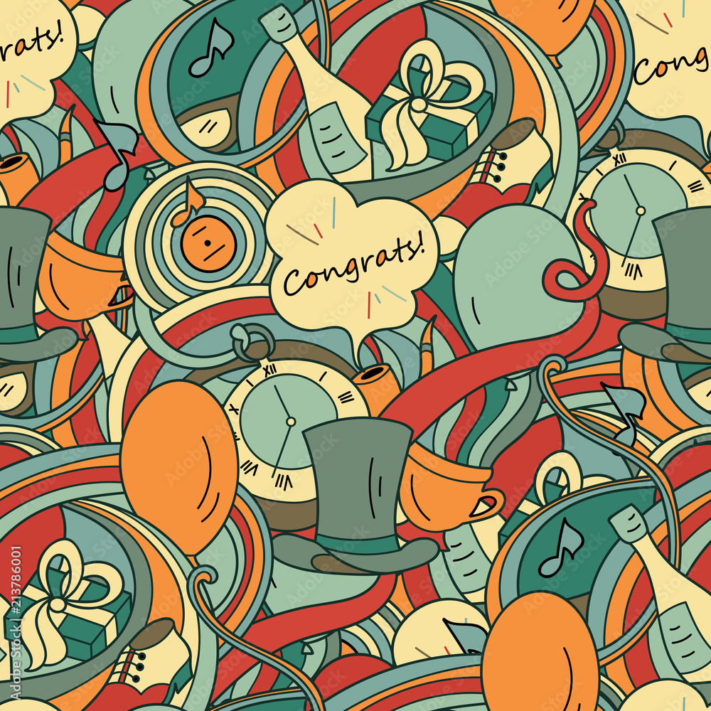 Doodle colorful seamless pattern in retro style with festive items, congrats for Father's day or Birthday. Gentleman's objects. Doodle colorful seamless pattern in retro style with festive items, congrats for Father's day or Birthday. Gentleman's objects.